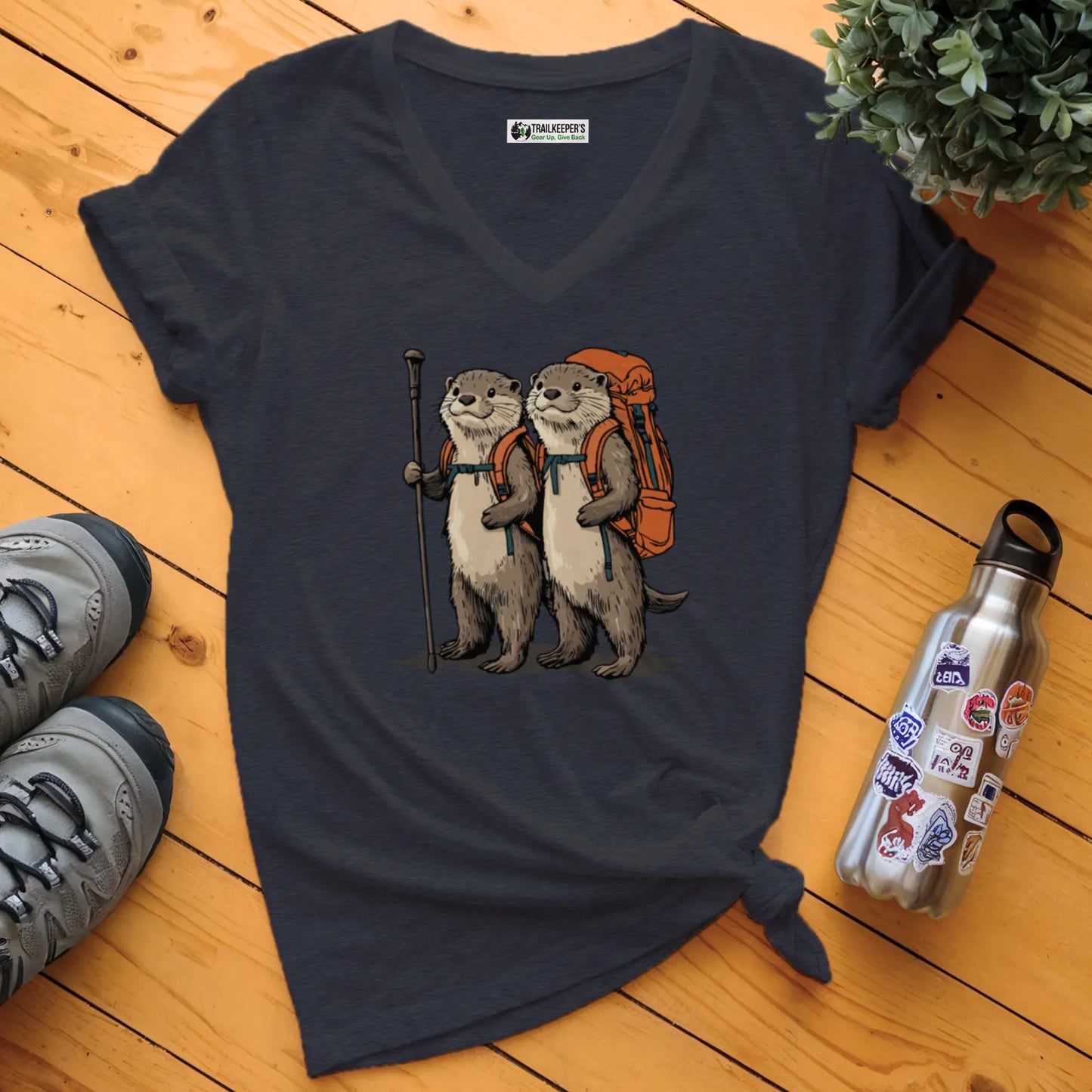 Otter Backpacker Couple V-Neck T-Shirt