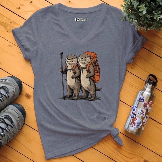 Otter Backpacker Couple V-Neck T-Shirt