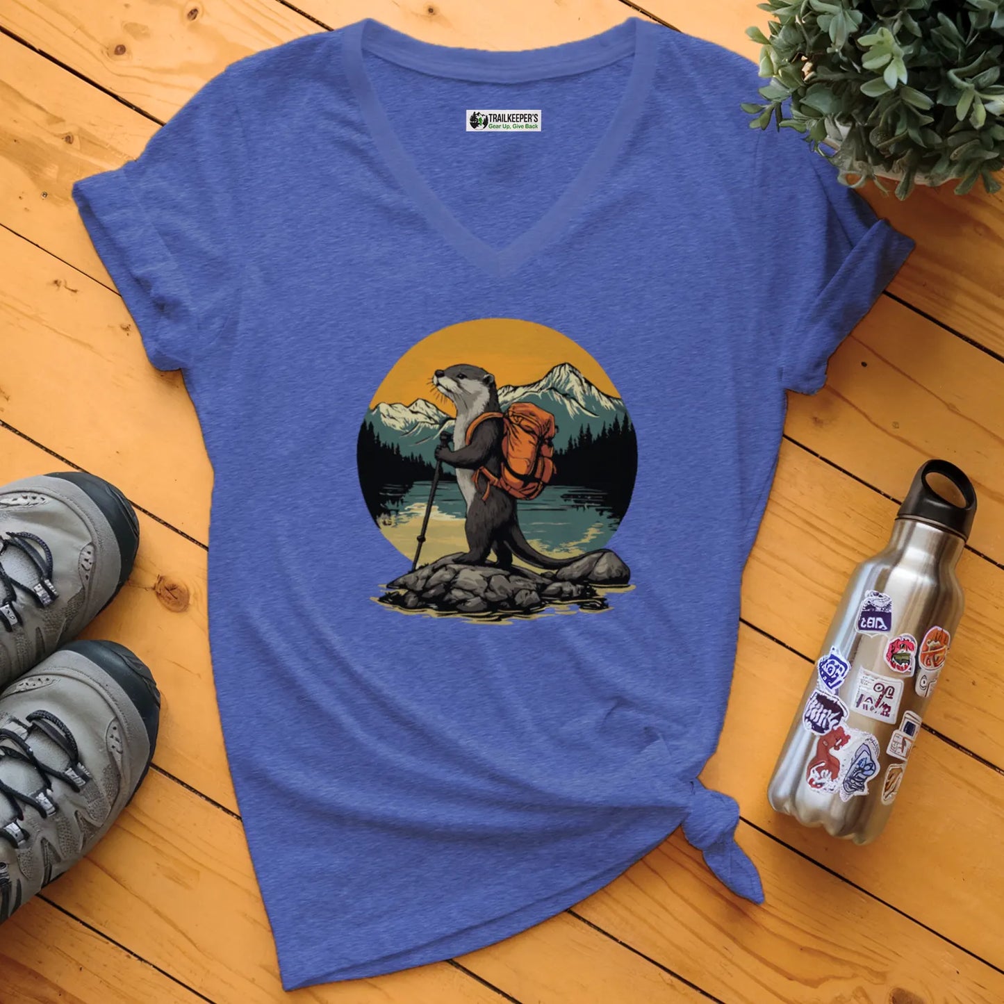 Otter Backpacker On The River V-Neck T-Shirt