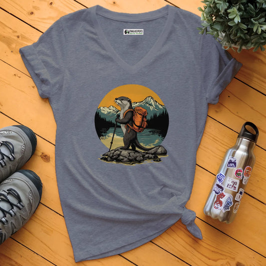 Otter Backpacker On The River V-Neck T-Shirt
