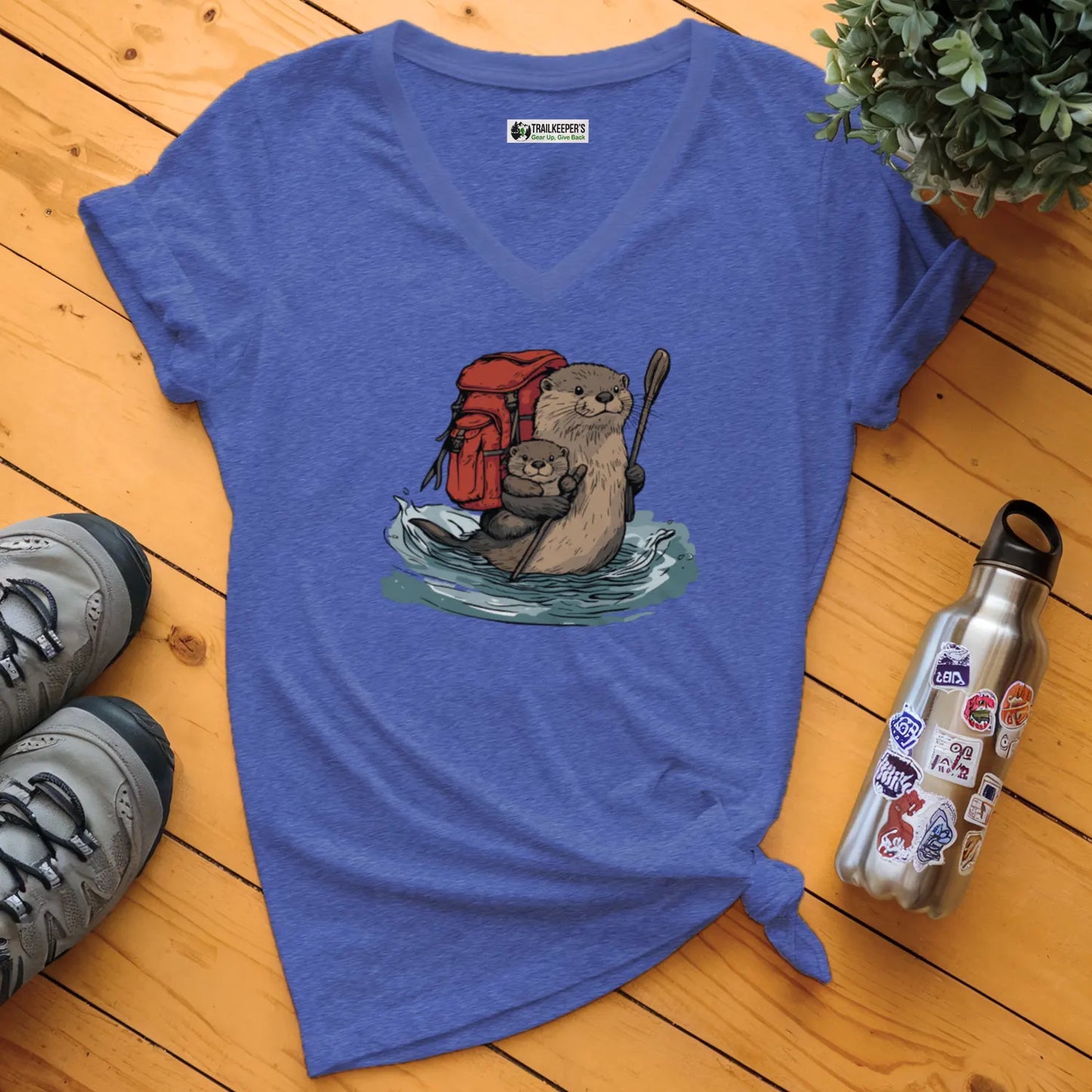 Otter Backpacker Family Fording River V-Neck T-Shirt