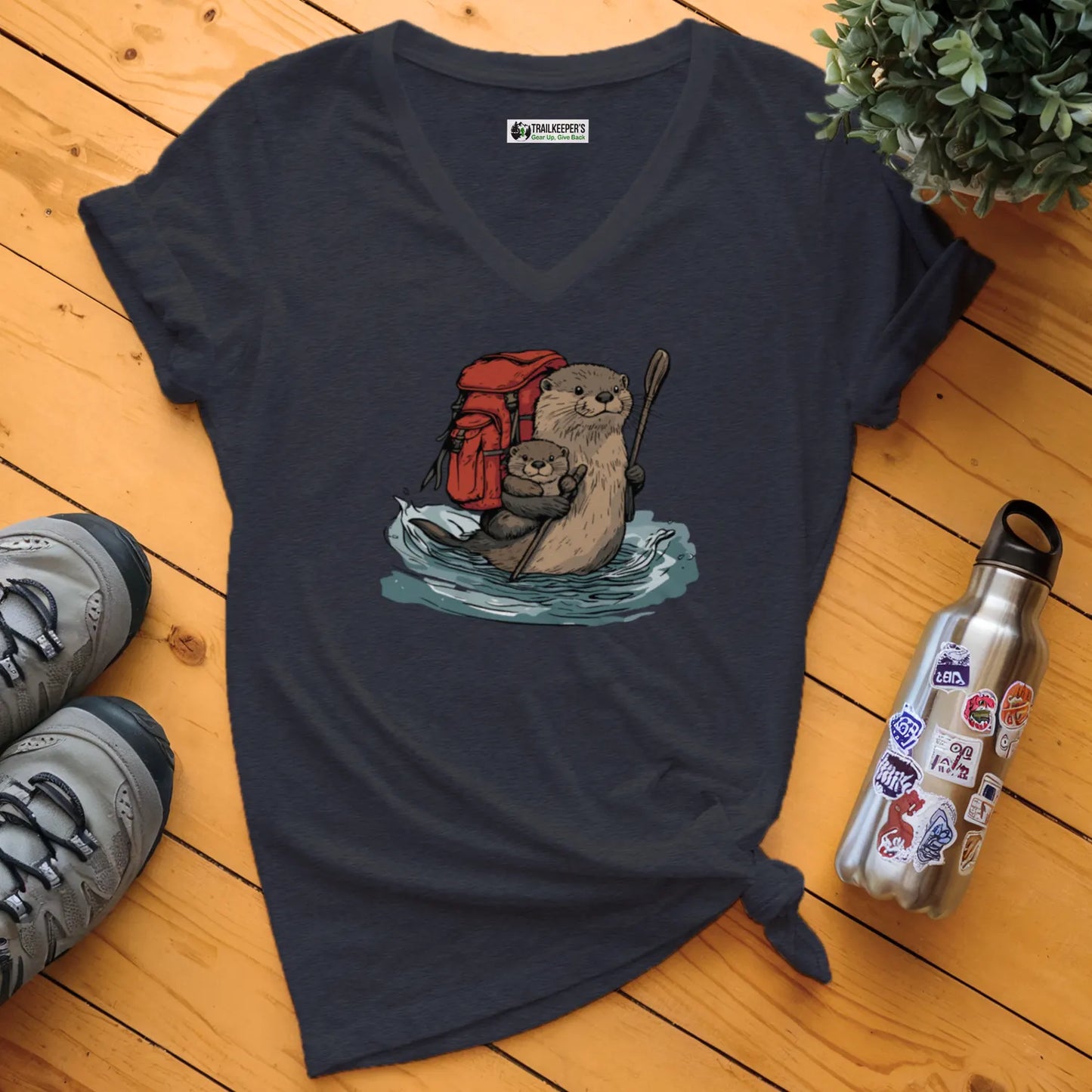 Otter Backpacker Family Fording River V-Neck T-Shirt