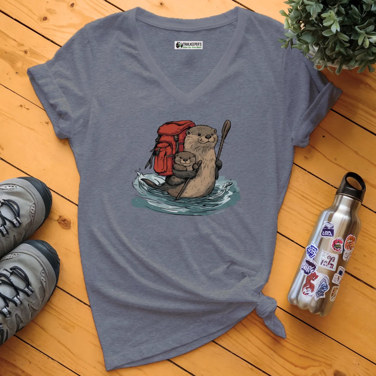 Otter Backpacker Family Fording River V-Neck T-Shirt