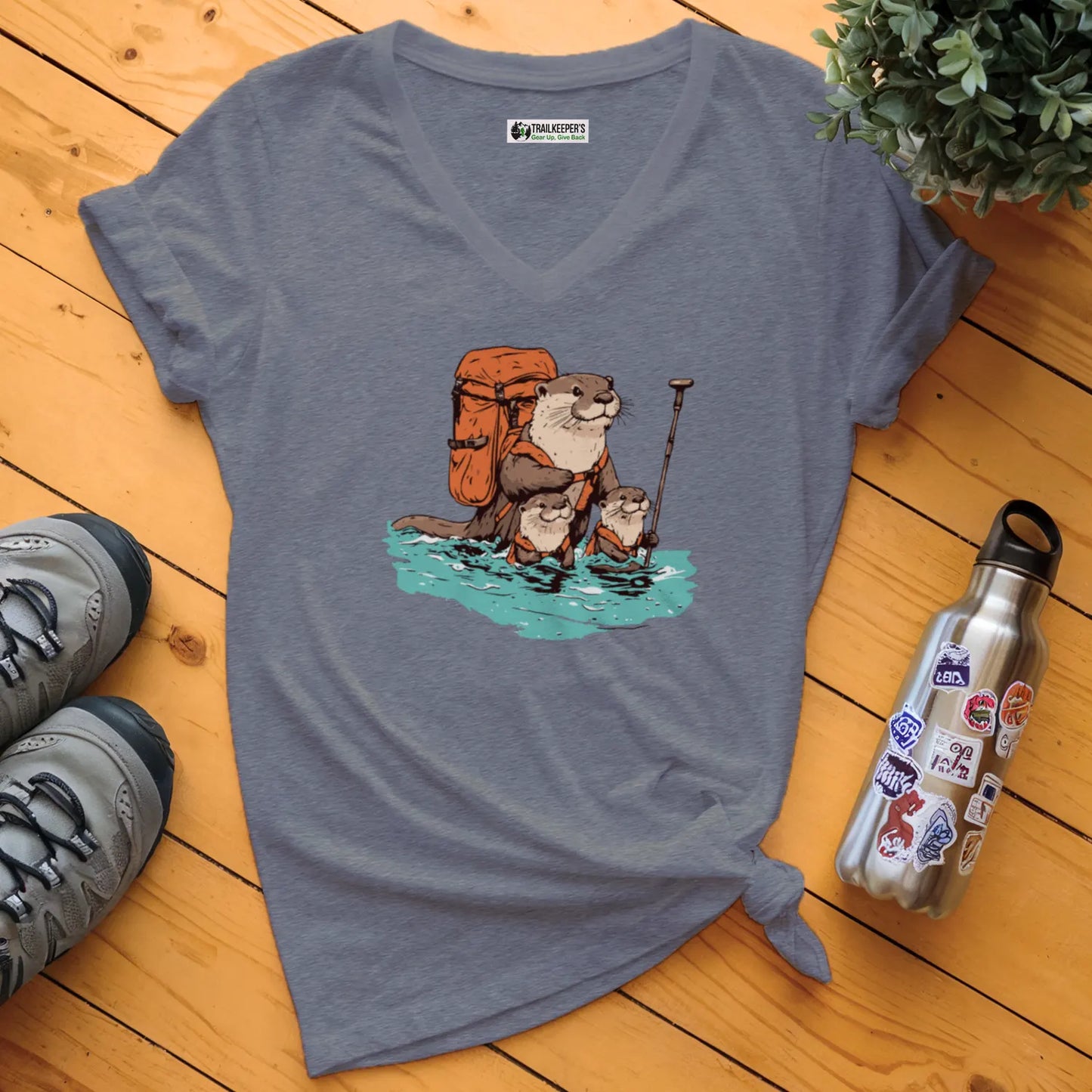 Otter Backpacker Family Fording River V-Neck T-Shirt