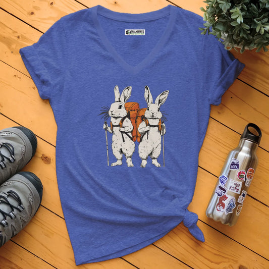 Rabbit Backpacker Couple V-Neck T-Shirt