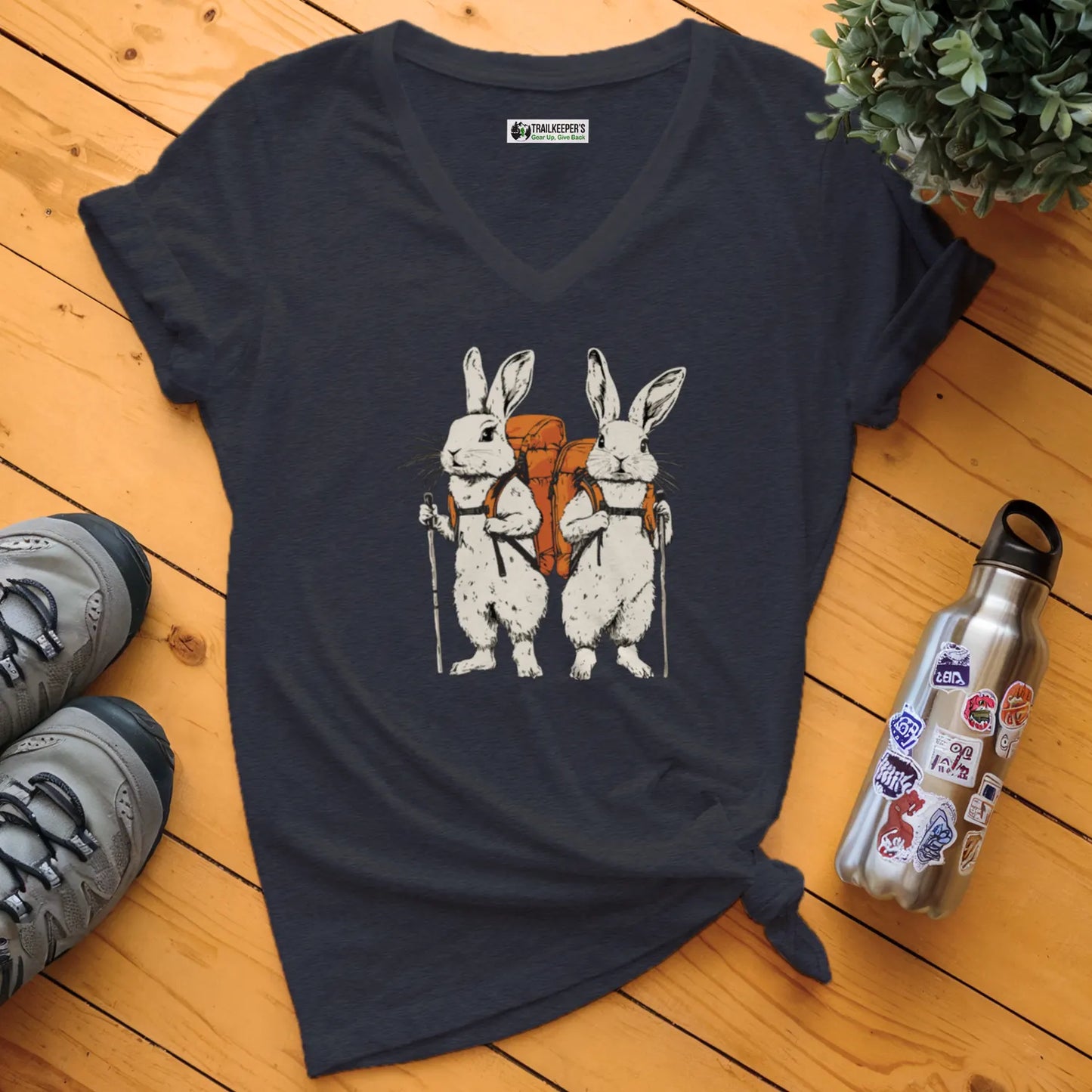 Rabbit Backpacker Couple V-Neck T-Shirt