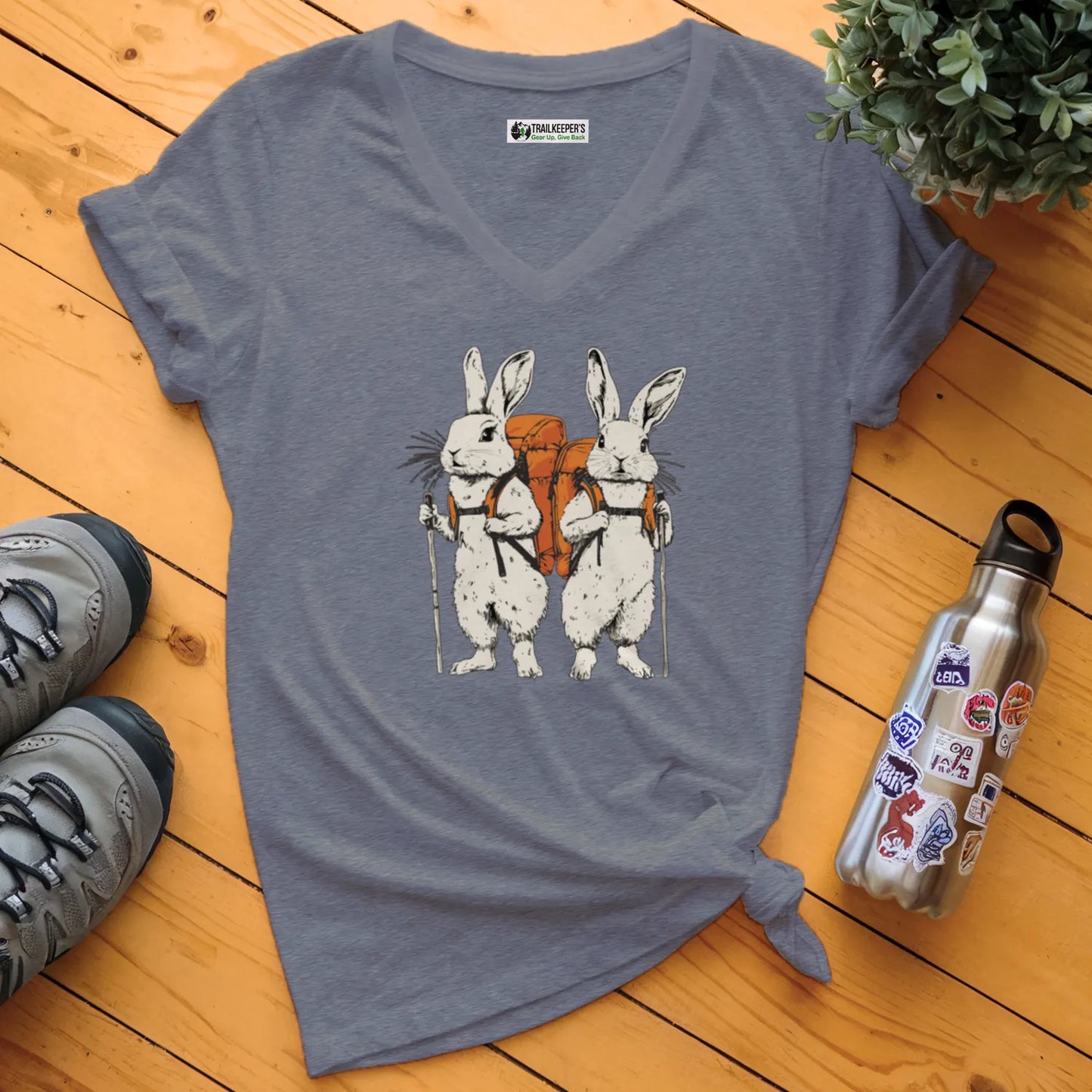 Rabbit Backpacker Couple V-Neck T-Shirt