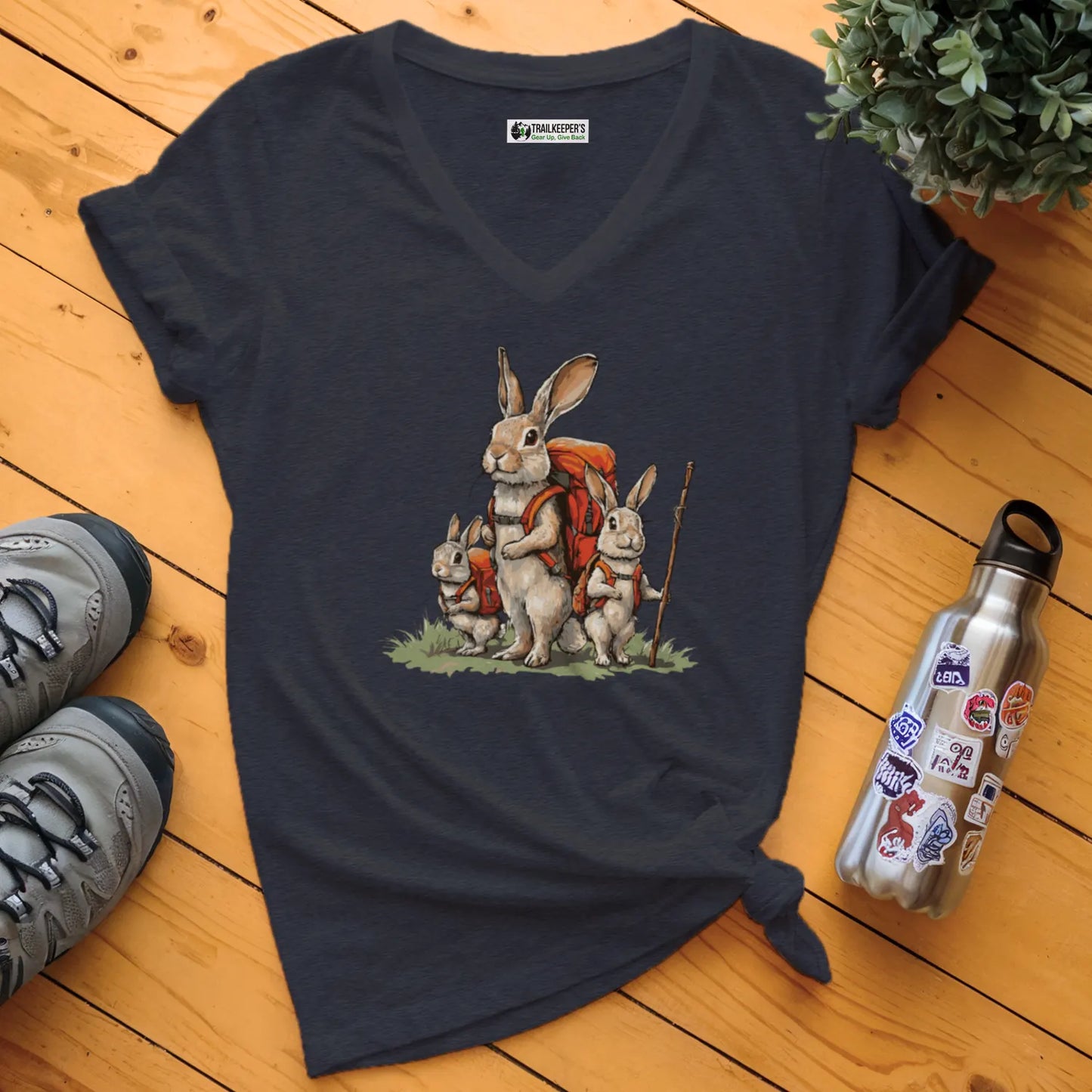 Rabbit Backpacker Family V-Neck T-Shirt
