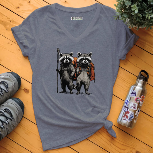 Raccoon Backpacker Buddies V-Neck T-Shirt