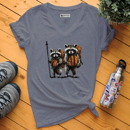 Raccoon Backpacker Buddies V-Neck T-Shirt