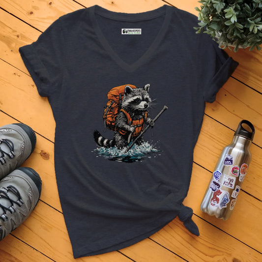 Raccoon Backpacker Fording River V-Neck T-Shirt