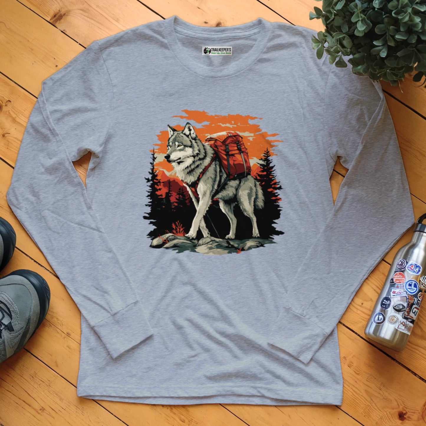Wolf Backpacker In The Forest Long Sleeve T-Shirt