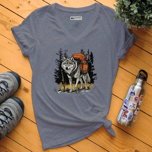 Wolf Backpacker In The Forest V-Neck T-Shirt